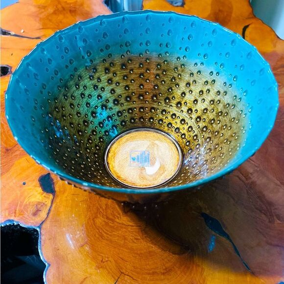 Three Hands Turkey Handpainted Glass Decorative Bowl blue & gold 11”